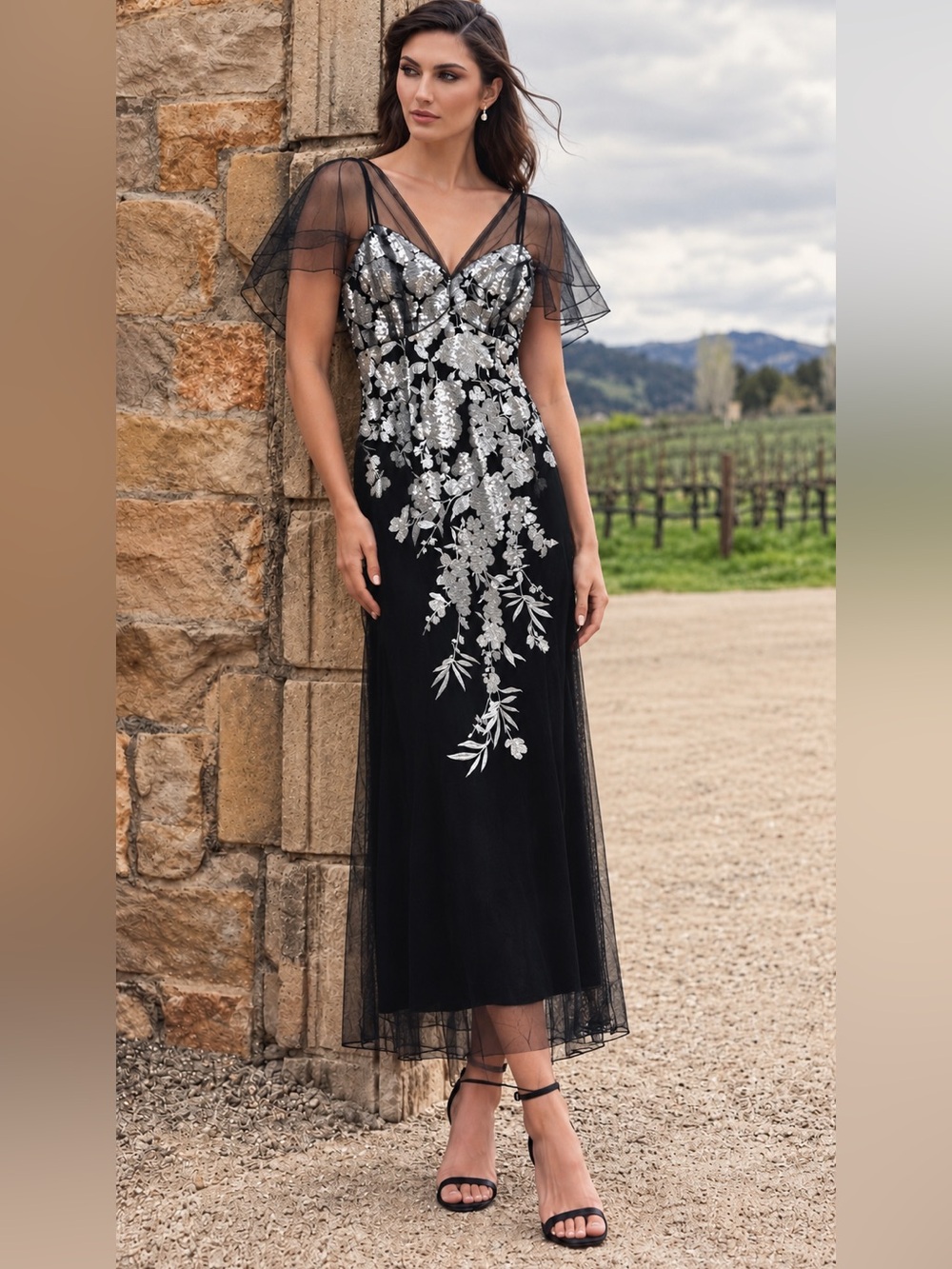 NWT Black Silver Sequin Floral Embroidered Maggy London Illusion Evening Gown 12